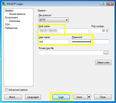 WinSCP login panel