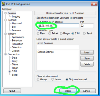 PuTTY configuration panel