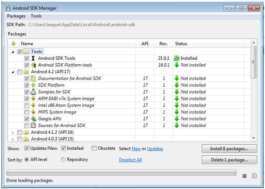 Android SDK package selections