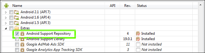 Select Extras » Android Support Repository
