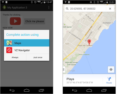 Android asks user how to view map location (left); user chooses Maps app (right)