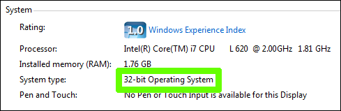 System type in the control panel