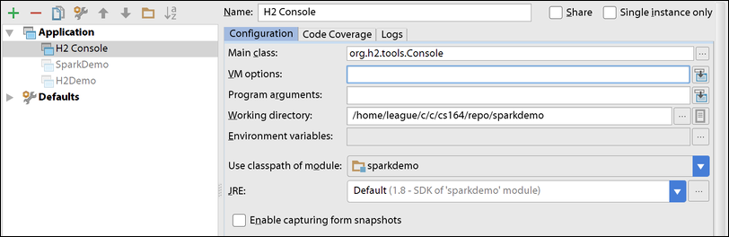 Run configuration for H2 Console