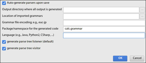 Set the package to calc.grammar in Tools » Configure ANTLR…