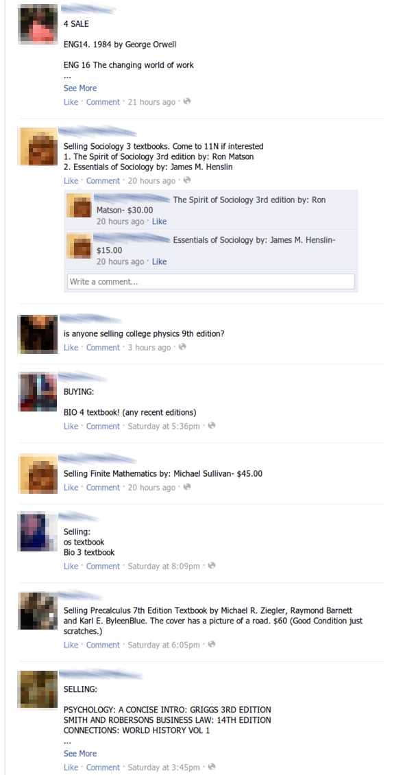 Students buying/selling textbooks on Facebook
